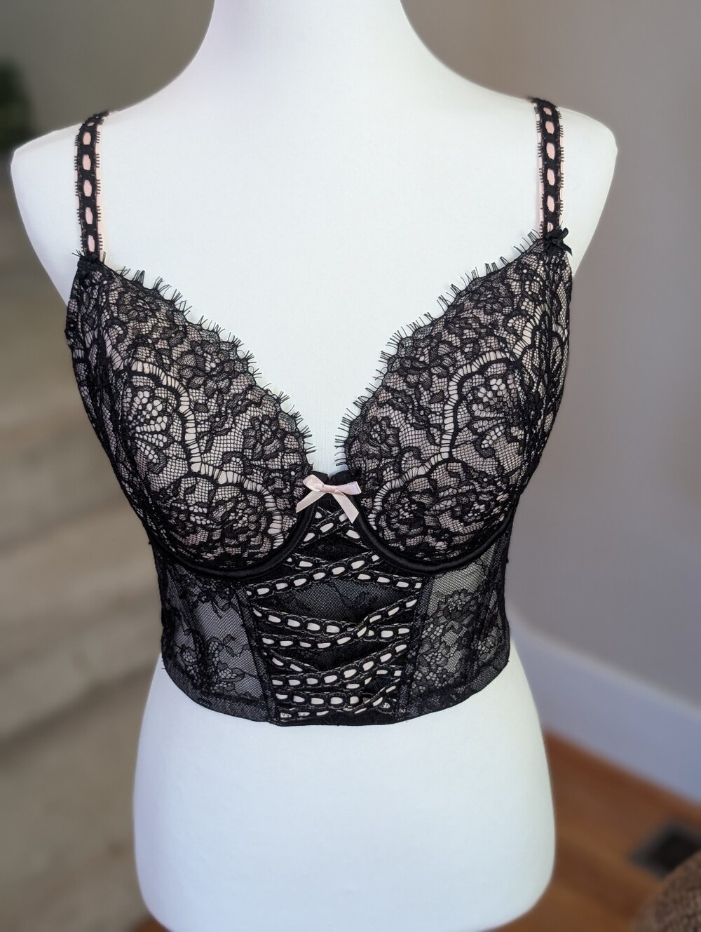 Black Pink Lace Longline Demi Bra Bustier Dream Angels Victoria's Secret M DD...